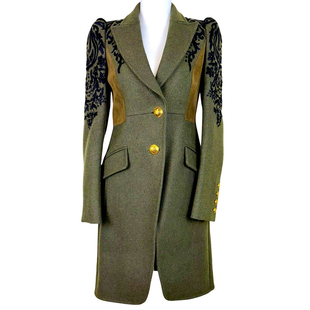 Emilio Pucci Olive Blazer with Black Embroidery and Gold Buttons